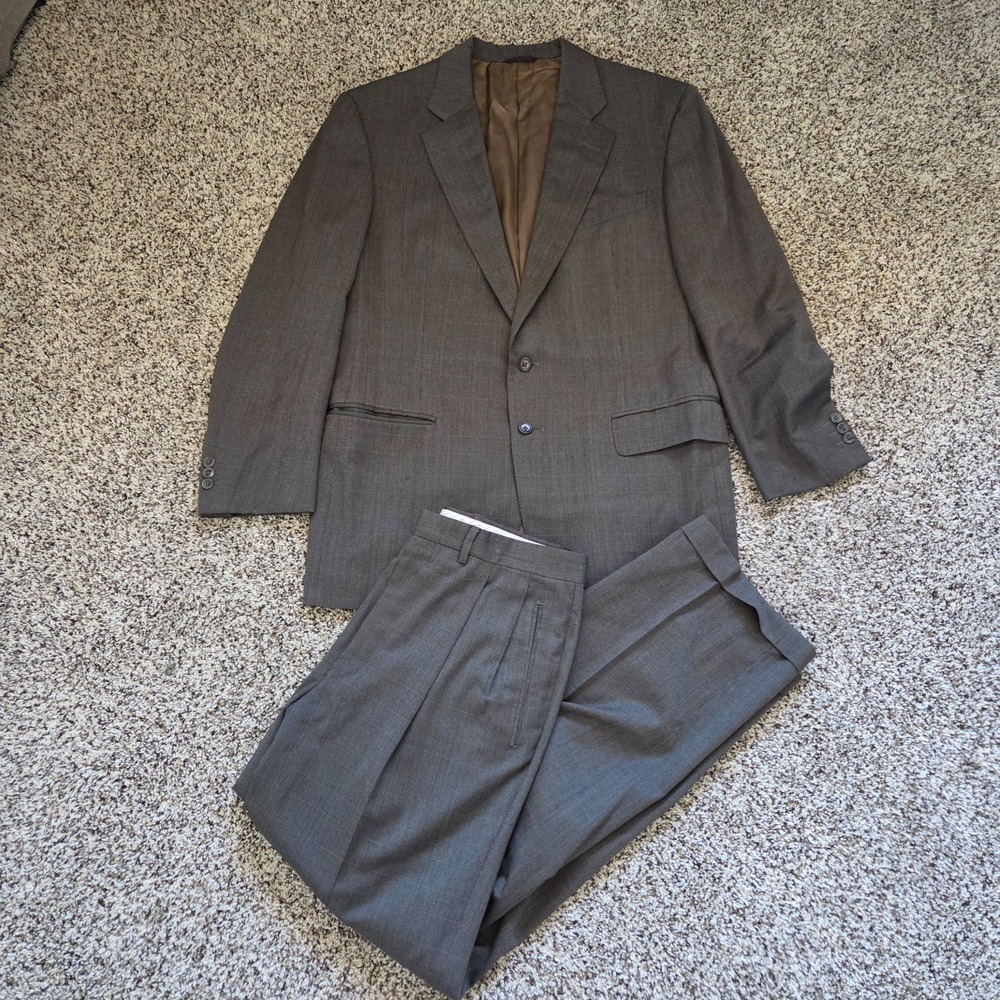 Ermenegildo Zegna 2 Piece Suit Mens 42R Taupe Wool  Windowpane Cuffed Pants